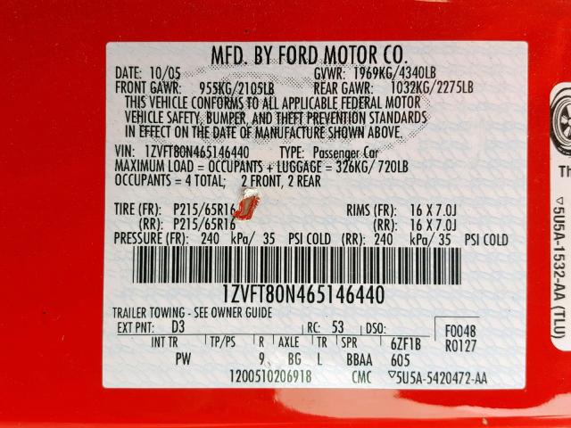 1ZVFT80N465146440 - 2006 FORD MUSTANG RED photo 10