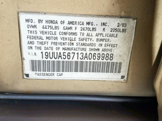 19UUA56713A069988 - 2003 ACURA 3.2TL GOLD photo 10