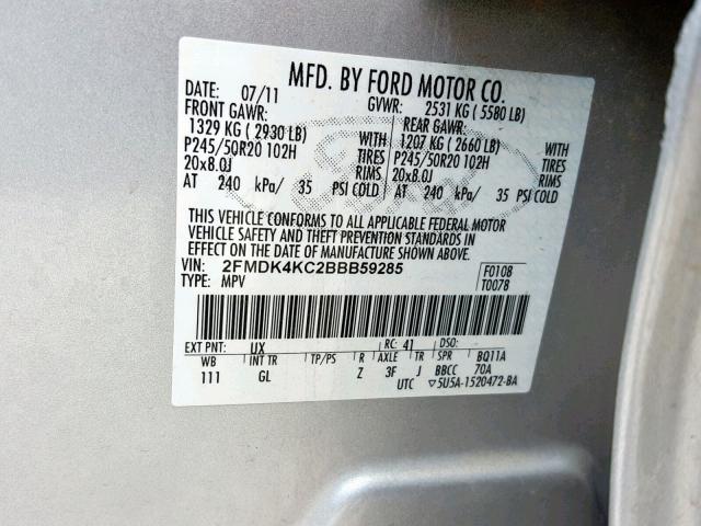 2FMDK4KC2BBB59285 - 2011 FORD EDGE LIMIT SILVER photo 10