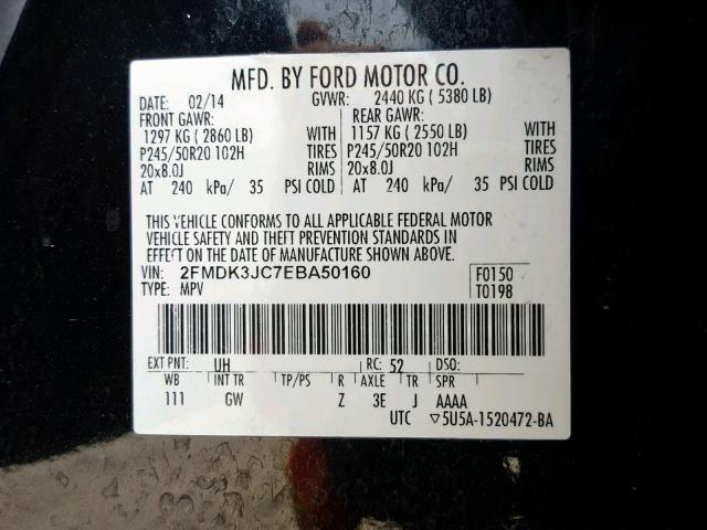 2FMDK3JC7EBA50160 - 2014 FORD EDGE SEL BLACK photo 10