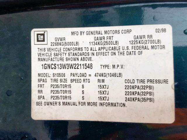 1GNCS13W3W2211548 - 1998 CHEVROLET BLAZER GREEN photo 10