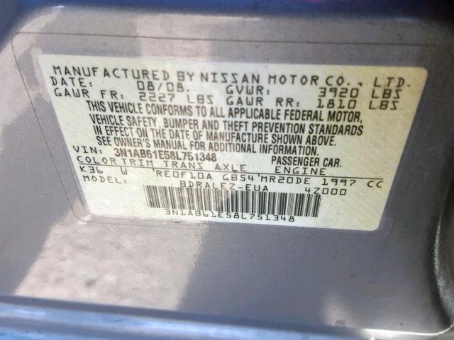 3N1AB61E58L751348 - 2008 NISSAN SENTRA 2.0 GRAY photo 10