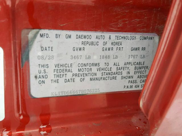 KL1TD56667B076225 - 2007 CHEVROLET AVEO BASE Qırmızı foto 10