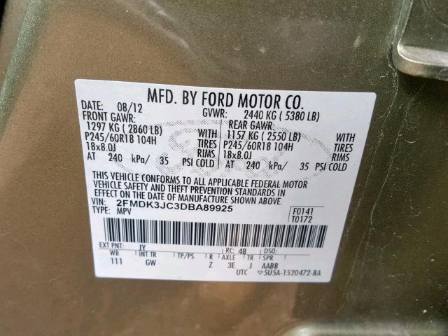 2FMDK3JC3DBA89925 - 2013 FORD EDGE SEL GREEN photo 10