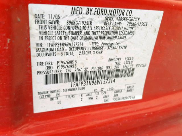 1FAFP31N96W157314 - 2006 FORD FOCUS ZX3 RED photo 10