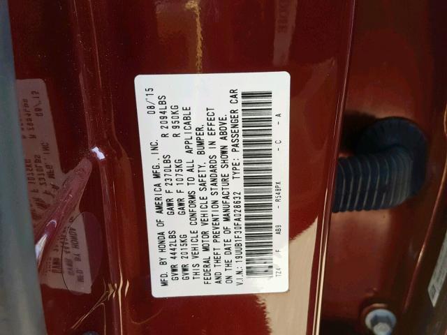 19UUB1F30FA028632 - 2015 ACURA TLX BURGUNDY photo 10