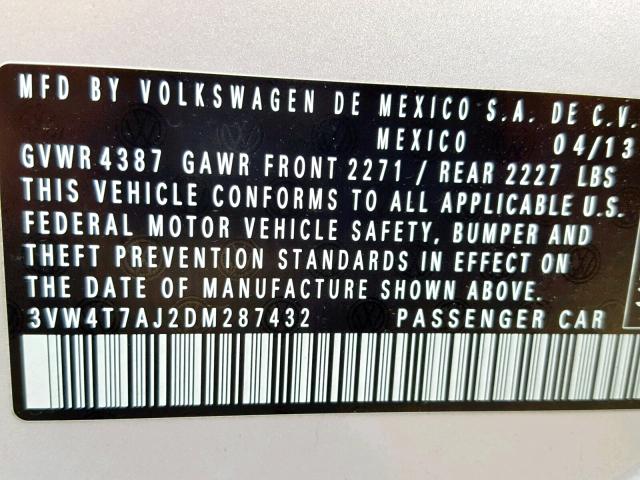 3VW4T7AJ2DM287432 - 2013 VOLKSWAGEN JETTA GLI SILVER photo 10