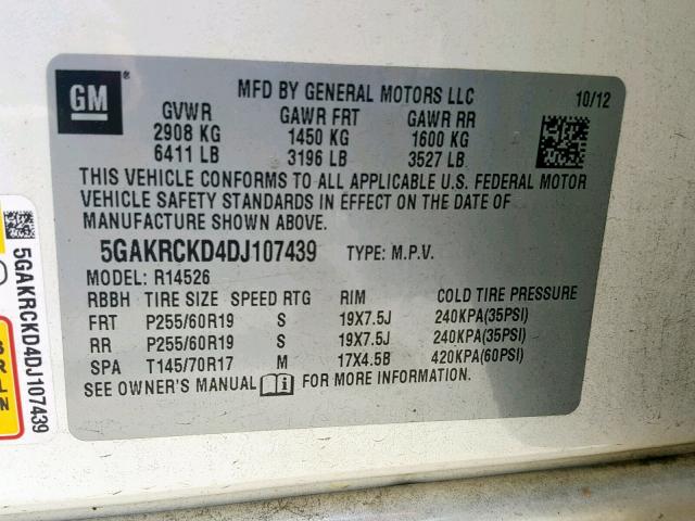 5GAKRCKD4DJ107439 - 2013 BUICK ENCLAVE WHITE photo 10