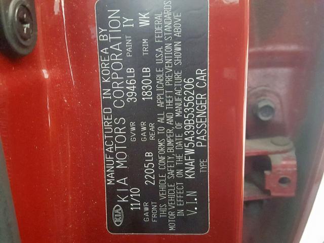 KNAFW5A39B5356206 - 2011 KIA FORTE SX RED photo 10