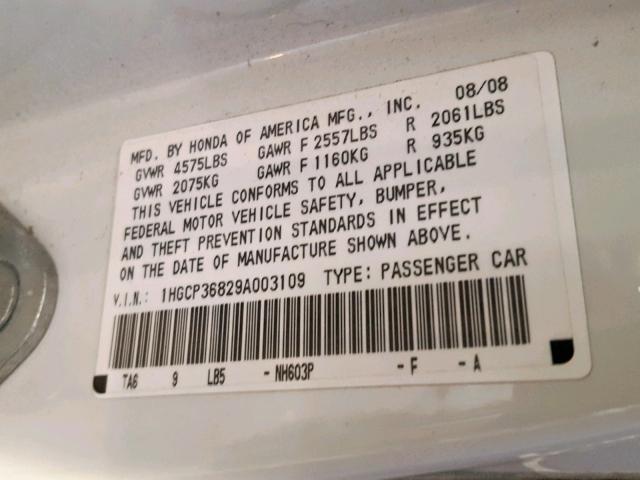 1HGCP36829A003109 - 2009 HONDA ACCORD EXL WHITE photo 10