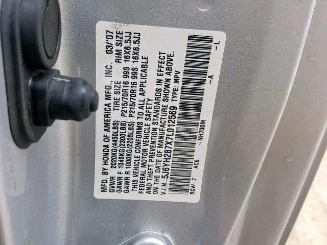 5J6YH287X7L012569 - 2007 HONDA ELEMENT EX GRAY photo 10