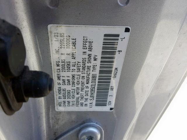 5J6YH28543L004881 - 2003 HONDA ELEMENT EX SILVER photo 10