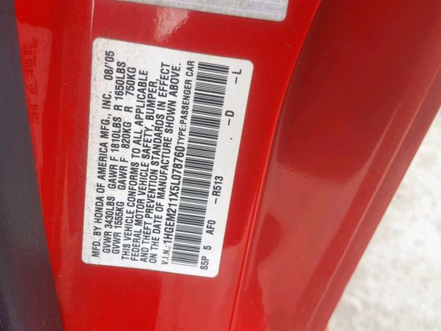 1HGEM211X5L078760 - 2005 HONDA CIVIC DX V RED photo 10