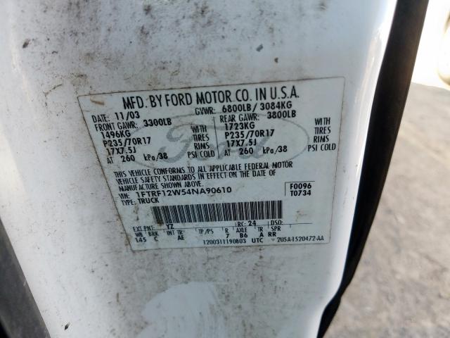 1FTRF12W54NA90610 - 2004 FORD F150  photo 10