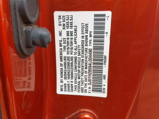 5J6YH28594L004490 - 2004 HONDA ELEMENT EX ORANGE photo 10