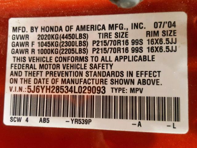 5J6YH28534L029093 - 2004 HONDA ELEMENT EX ORANGE photo 10