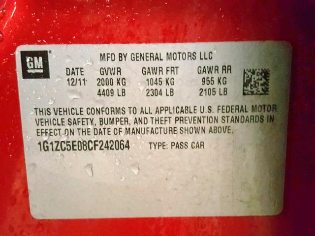 1G1ZC5E08CF242064 - 2012 CHEVROLET MALIBU 1LT 红色 照片 10