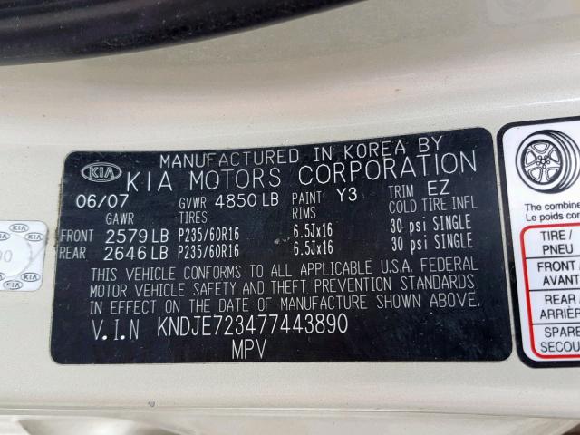 KNDJE723477443890 - 2007 KIA SPORTAGE E GOLD photo 10