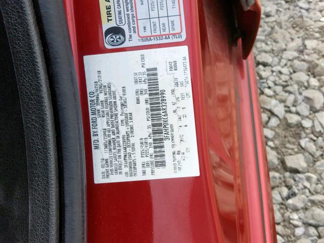 3FAHP0KC6AR328990 - 2010 FORD FUSION SPO RED photo 10