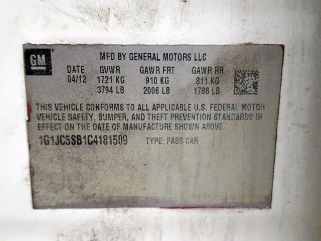 1G1JA5SH5C4202050 - 2012 CHEVROLET SONIC LS 白色 照片 10