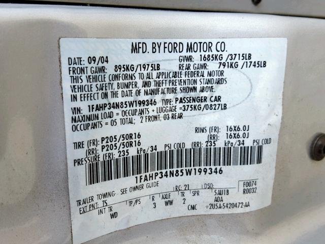 1FAHP34N85W199346 - 2005 FORD FOCUS ZX4 SILVER photo 10