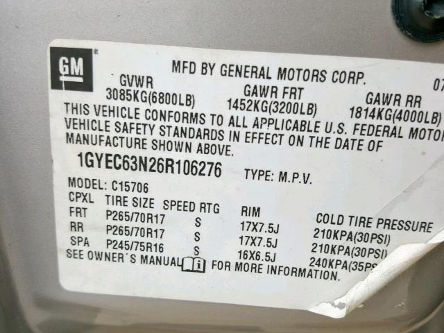 1GYEC63N26R106276 - 2006 CADILLAC ESCALADE L TAN photo 10