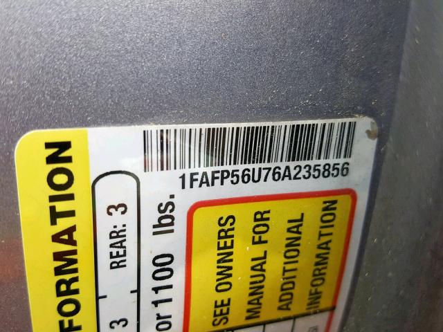 1FAFP56U76A235856 - 2006 FORD TAURUS SEL GRAY photo 10