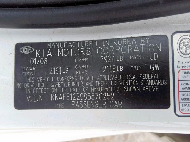 KNAFE122985570252 - 2008 KIA SPECTRA EX WHITE photo 10