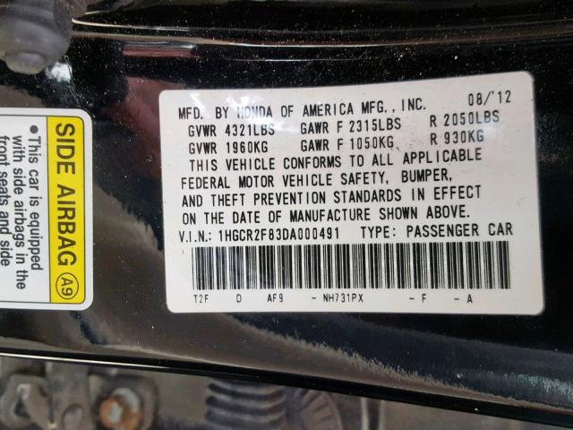 1HGCR2F83DA000491 - 2013 HONDA ACCORD EXL BLACK photo 10