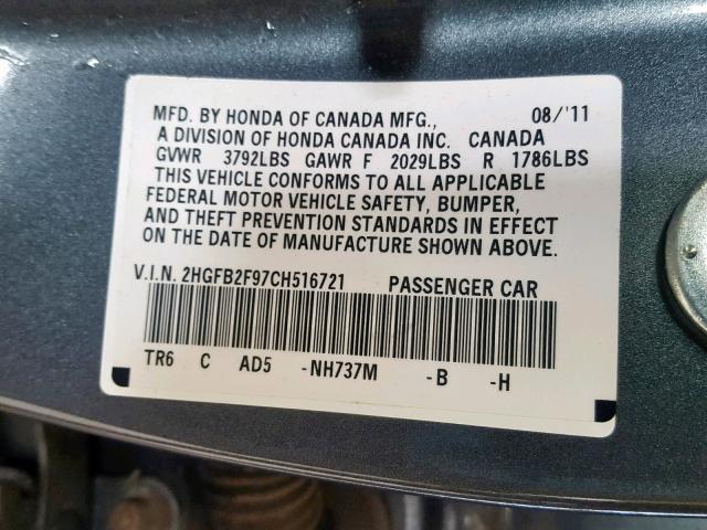 2HGFB2F97CH516721 - 2012 HONDA CIVIC EXL ნაცრისფერი ფოტო 10