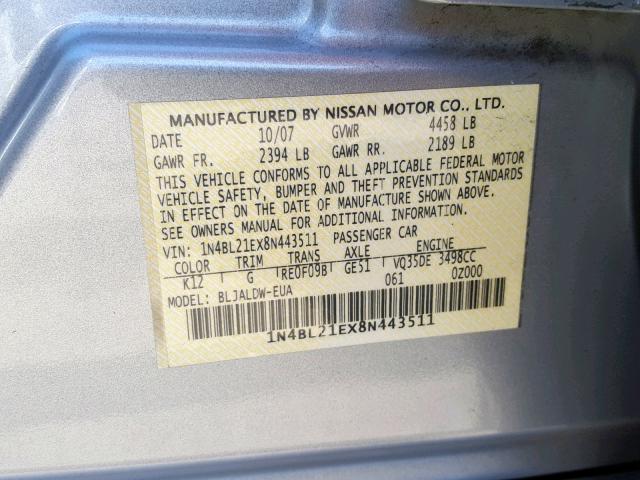 1N4BL21EX8N443511 - 2008 NISSAN ALTIMA 3.5 SILVER photo 10