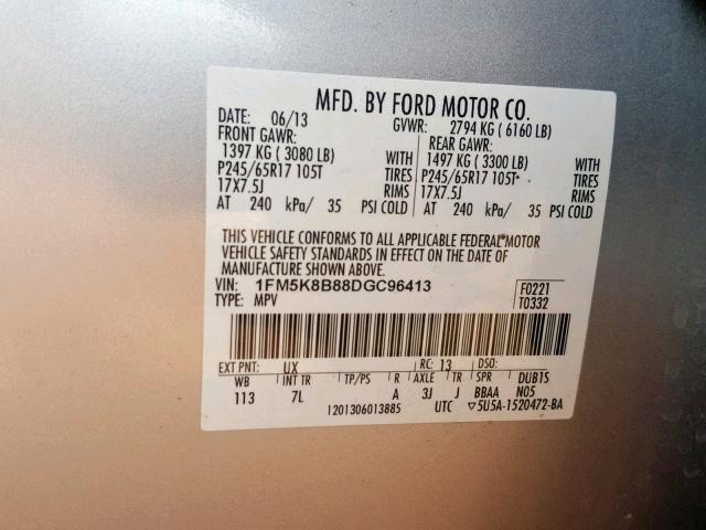 1FM5K8B88DGC96413 - 2013 FORD EXPLORER SILVER photo 10