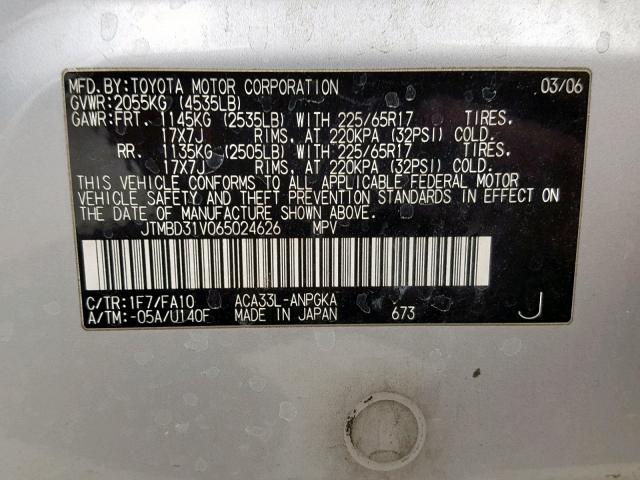 JTMBD31V065024626 - 2006 TOYOTA RAV4 LIMIT SILVER photo 10