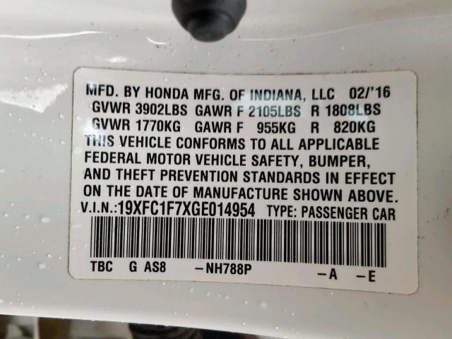 19XFC1F7XGE014954 - 2016 HONDA CIVIC EXL 白色 照片 10