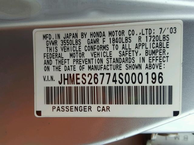 JHMES26774S000196 - 2004 HONDA CIVIC EX SILVER photo 10