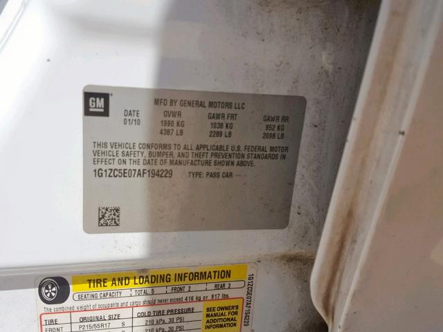 1G1ZC5E07AF194229 - 2010 CHEVROLET MALIBU 1LT 白色 照片 10