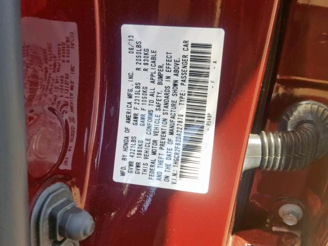 1HGCR2F82DA227879 - 2013 HONDA ACCORD EXL BURGUNDY photo 10