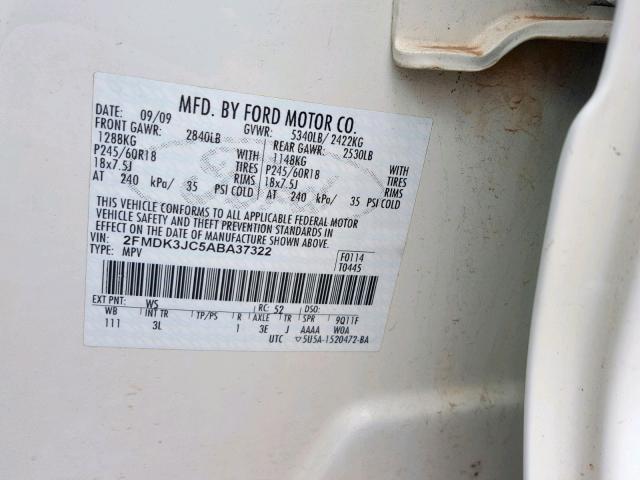 2FMDK3JC5ABA37322 - 2010 FORD EDGE SEL WHITE photo 10