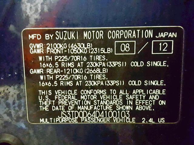 JS3TD0D64D4100103 - 2013 SUZUKI GRAND VITA BLUE photo 10