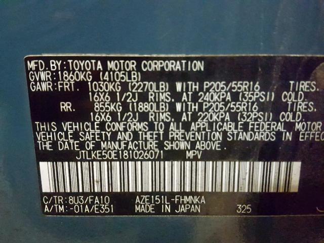 JTLKE50E181026071 - 2008 TOYOTA SCION XB 蓝色 照片 10