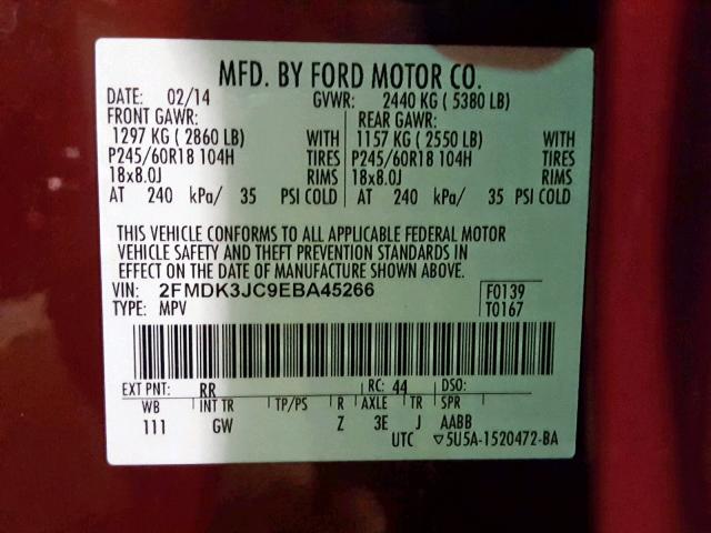 2FMDK3JC9EBA45266 - 2014 FORD EDGE SEL RED photo 10