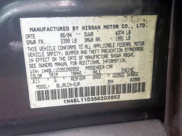 1N4BL11D35C202852 - 2005 NISSAN ALTIMA SE  photo 10