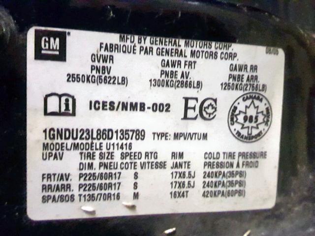 1GNDU23L86D135789 - 2006 CHEVROLET UPLANDER L ლურჯი ფოტო 10