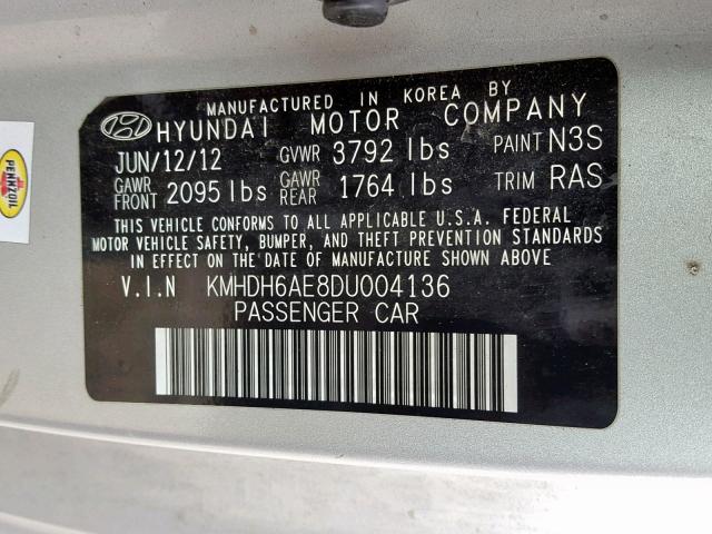 KMHDH6AE8DU004136 - 2013 HYUNDAI ELANTRA CO SILVER photo 10