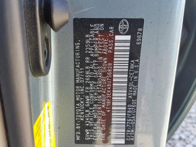 4T1BF3EK4BU756828 - 2011 TOYOTA CAMRY BASE GREEN photo 10