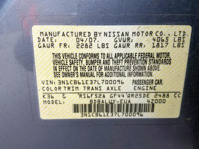 3N1CB61E37L700096 - 2007 NISSAN SENTRA SE- GRAY photo 10