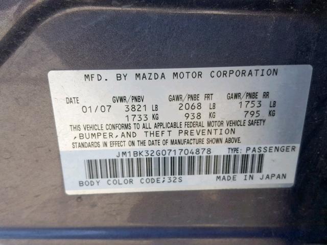 JM1BK32G071704878 - 2007 MAZDA 3 I SILVER photo 10