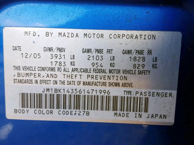 JM1BK143561471996 - 2006 MAZDA 3 HATCHBAC BLUE photo 10