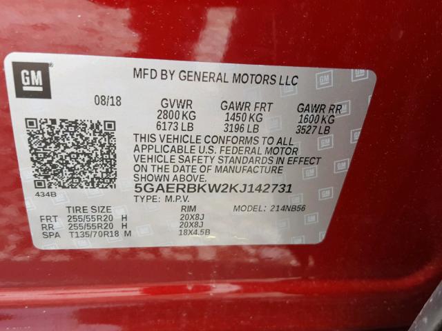 5GAERBKW2KJ142731 - 2019 BUICK ENCLAVE ES RED photo 10