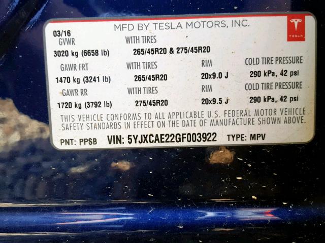 5YJXCAE22GF003922 - 2016 TESLA MODEL X BLUE photo 10